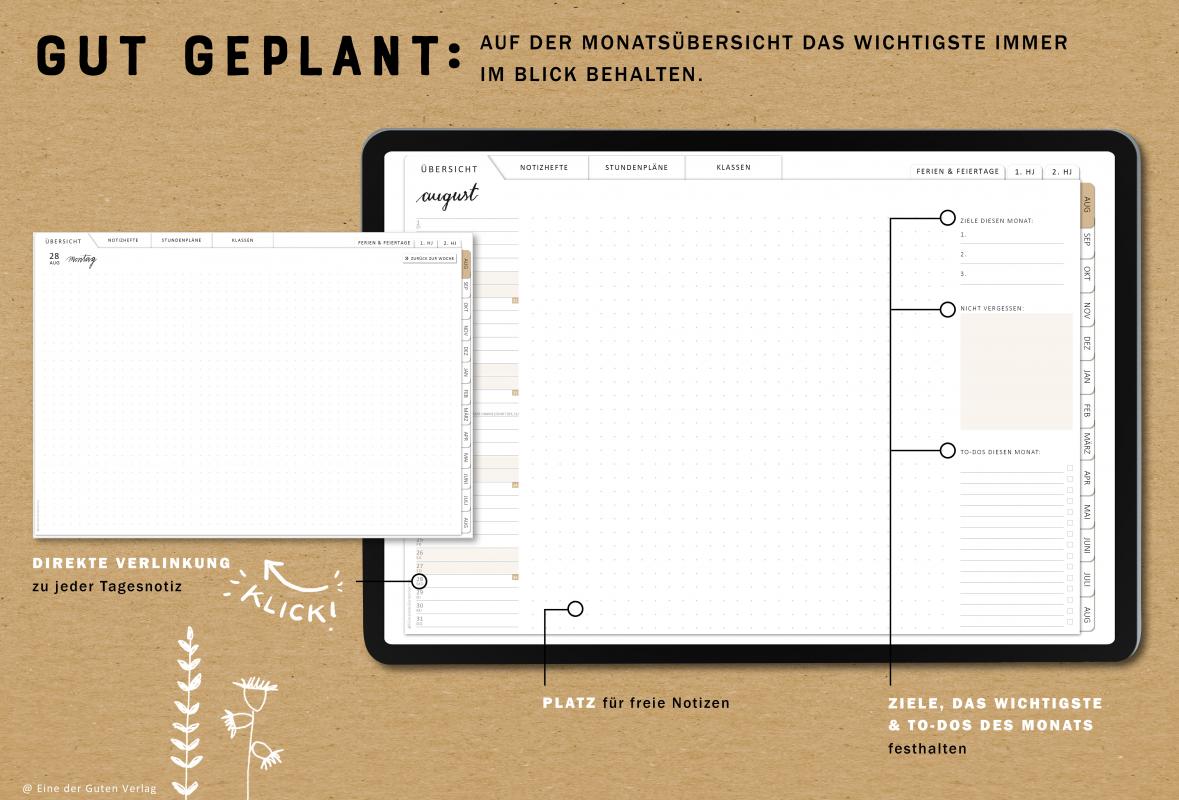 Detailansicht Wochenplanung, digitaler Lehrerkalender 2023 2024 mit extra Notizseiten für jeden Tag und jede Woche